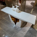 Sculptural White Console Table with Fluid Cutout and Polished Gold Interior Core